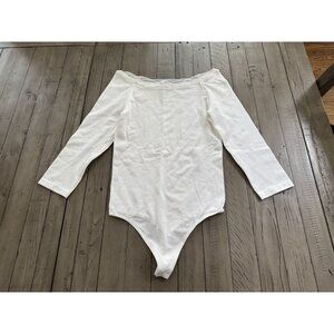 Wolford White 3/4 Sleeve Mesh Detail Knit Scoop Neck Bodysuit Size Medium